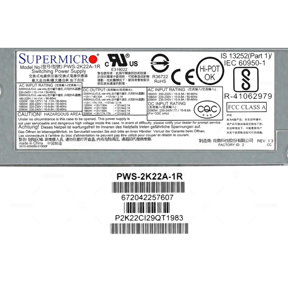 PWS-2K22A-1R SUPERMICRO 2200W PSU 80+ TITANIUM 1U FOR NX-TDT-2NL3-G6